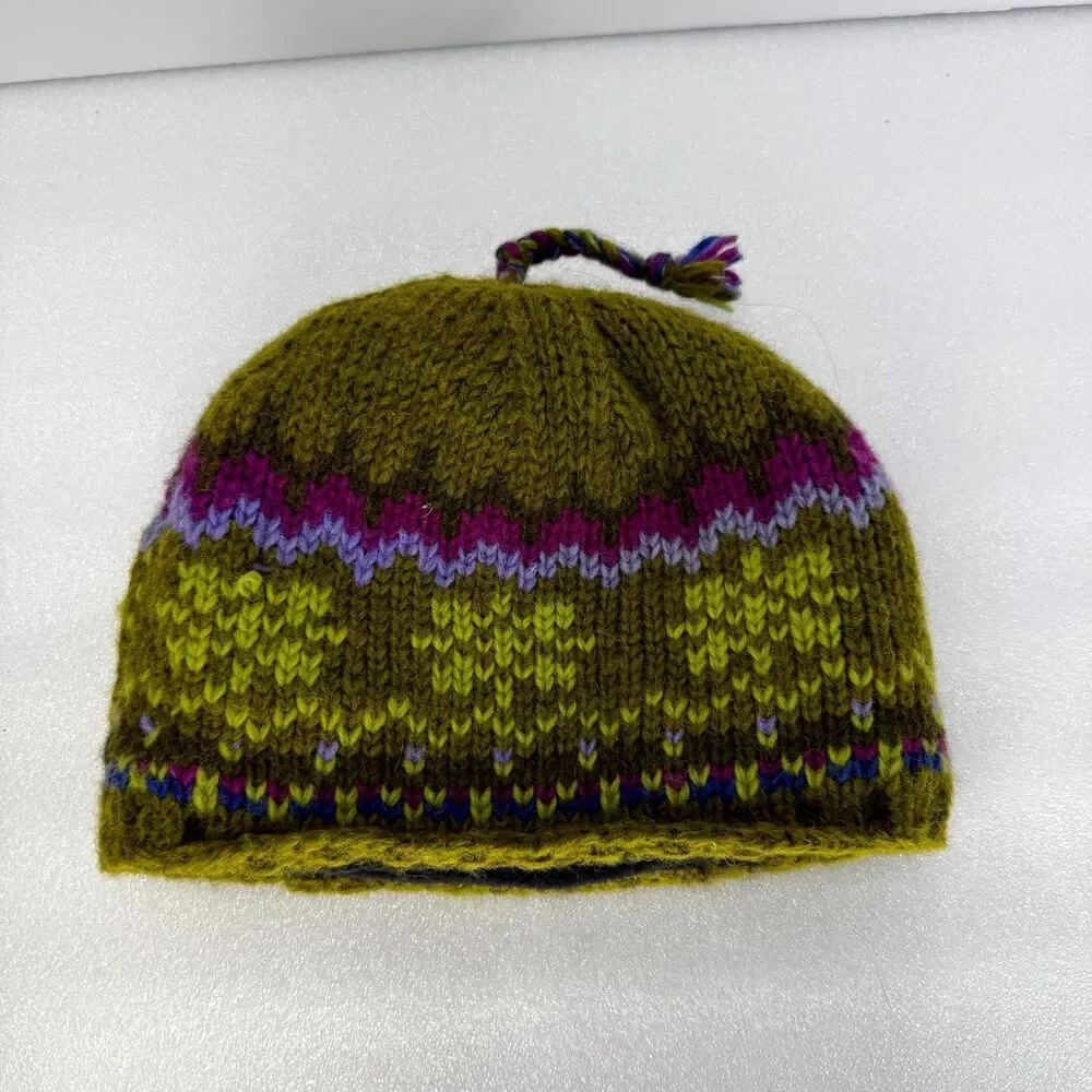 Newari Icelandic Beanie Hat Womens Olive Green Wool Fleece Lined Hand Knit Boho